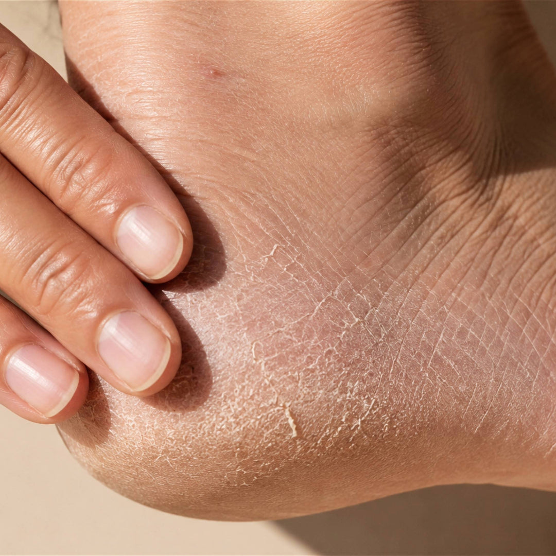A hand holding a heel with dry, flaking skin and a fine network of surface cracks