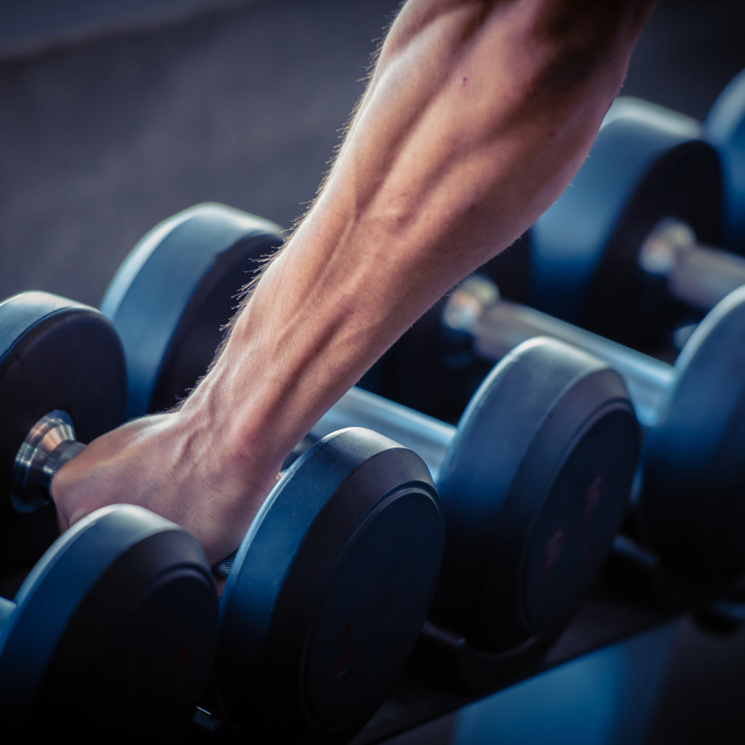 Hand picking up weights at the gym