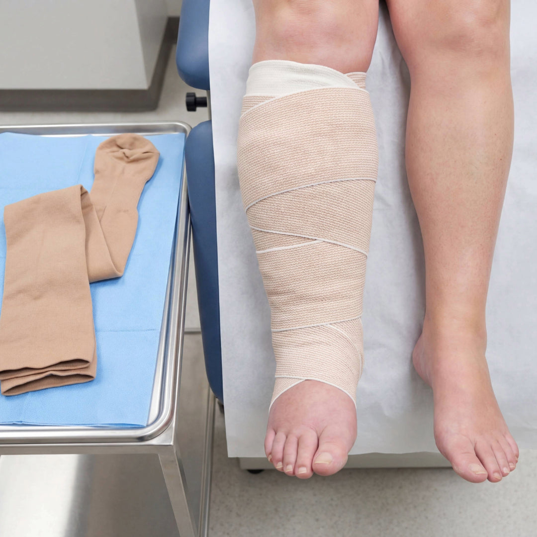A lower leg wrapped in compression bandaging, resting on a clinic chair, with a compression stocking laid out on a tray alongside