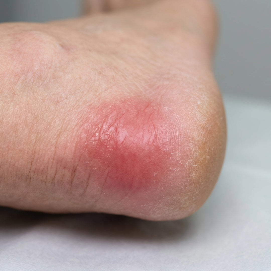 Red patch of intact skin on the back of a heel resting on a bed, what an early pressure sore can look like